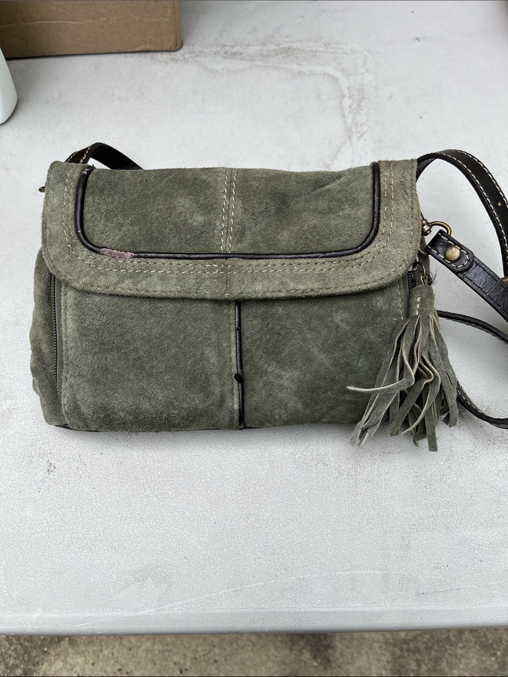Olive Suede cold water Creek  suede Crossbody Bag with Tassel